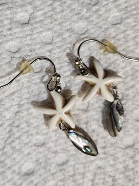 Coastal White Starfish & Iridescent Abalone Drop Earrings